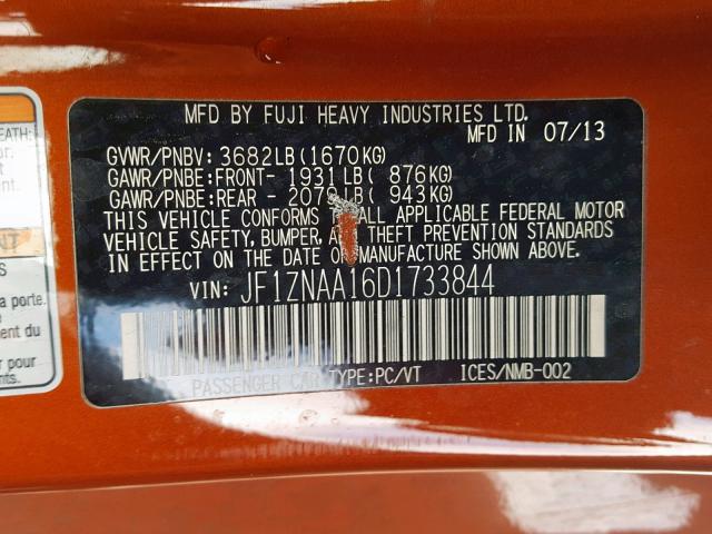 JF1ZNAA16D1733844 - 2013 TOYOTA SCION FR-S ORANGE photo 10