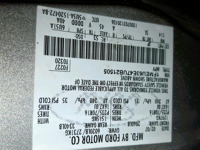 1FMEU63E47UB21505 - 2007 FORD EXPLORER X SILVER photo 10