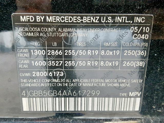 4JGBB5GB4AA617299 - 2010 MERCEDES-BENZ ML 350 BLACK photo 10