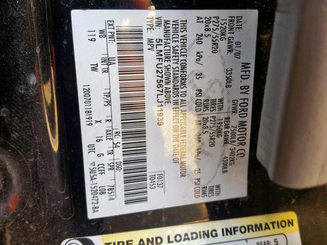 5LMFU27567LJ11939 - 2007 LINCOLN NAVIGATOR Noir photo 10