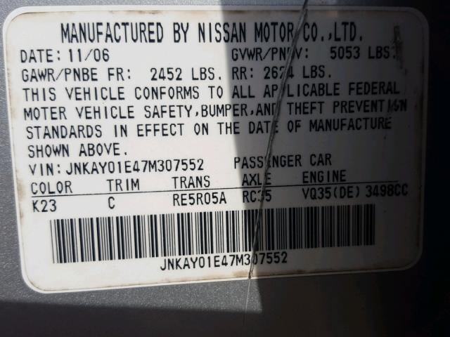 JNKAY01E47M307552 - 2007 INFINITI M35 BASE SILVER photo 10