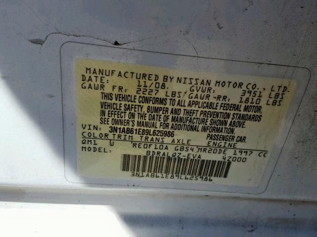 3N1AB61E89L625986 - 2009 NISSAN SENTRA 2.0 WHITE photo 10