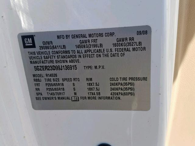 5GZER23D99J136915 - 2009 SATURN OUTLOOK XR თეთრი ფოტო 10