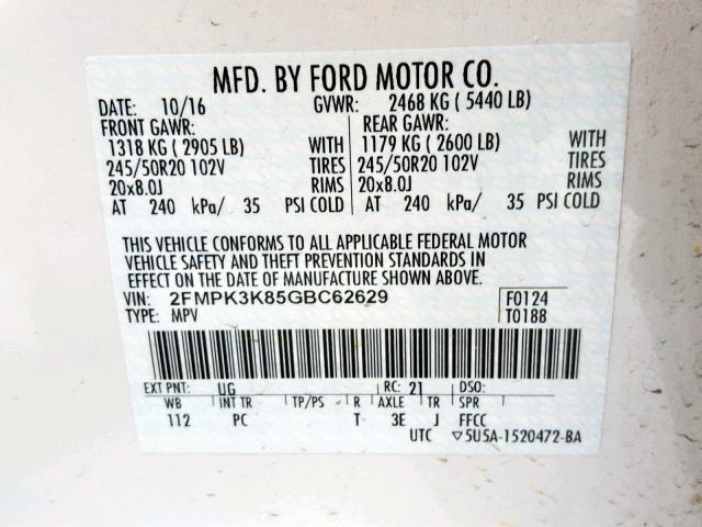 2FMPK3K85GBC62629 - 2016 FORD EDGE TITAN WHITE photo 10