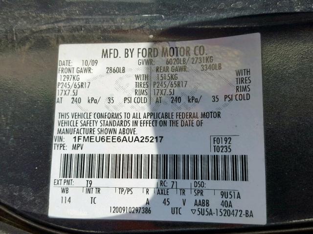 1FMEU6EE6AUA25217 - 2010 FORD EXPLORER E GRAY photo 10