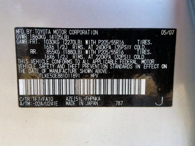 JTLKE50E881011891 - 2008 TOYOTA SCION XB 银色 照片 10