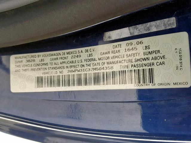 3VWPW31C37M504358 - 2007 VOLKSWAGEN NEW BEETLE ლურჯი ფოტო 10