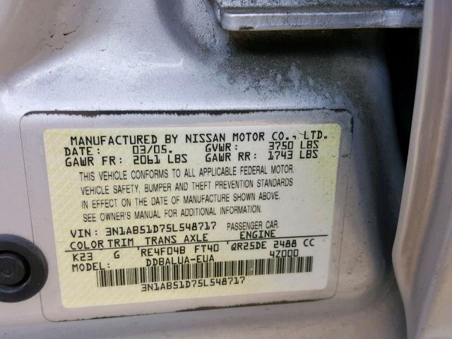 3N1AB51D75L548717 - 2005 NISSAN SENTRA SE- SILVER photo 10