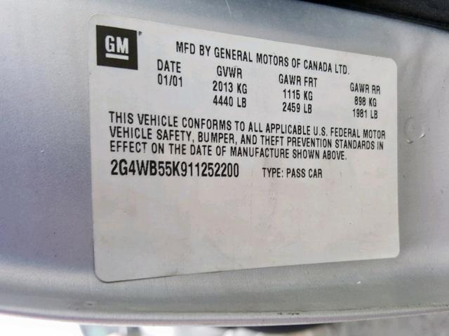 2G4WB55K911252200 - 2001 BUICK REGAL LS SILVER photo 10