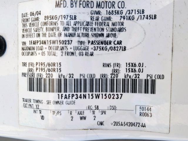 1FAFP34N15W150237 - 2005 FORD FOCUS ZX4 WHITE photo 10