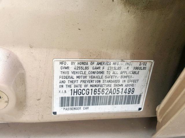 1HGCG16562A051499 - 2002 HONDA ACCORD EX GOLD photo 10