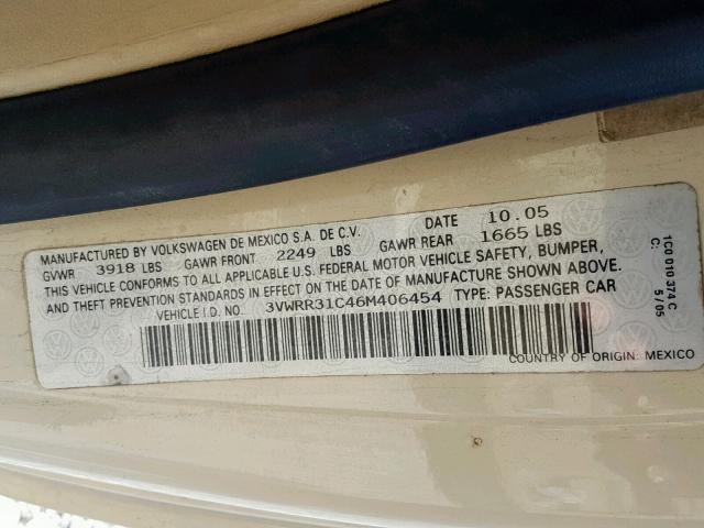 3VWRR31C46M406454 - 2006 VOLKSWAGEN NEW BEETLE CREAM photo 10