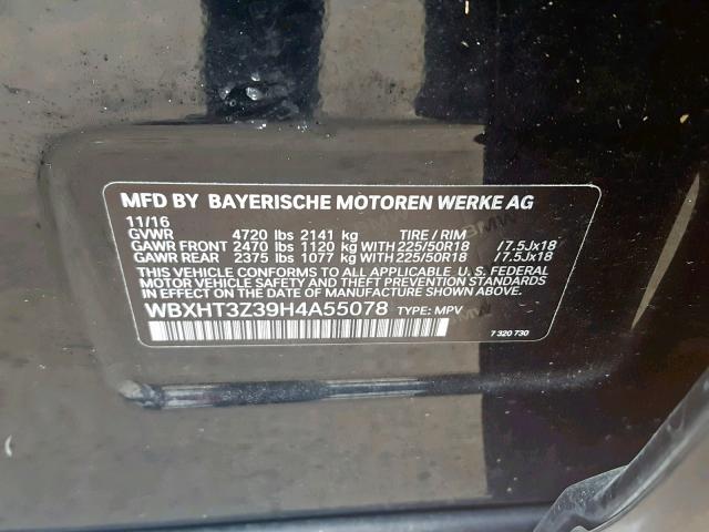 WBXHT3Z39H4A55078 - 2017 BMW X1 XDRIVE2 BLACK photo 10