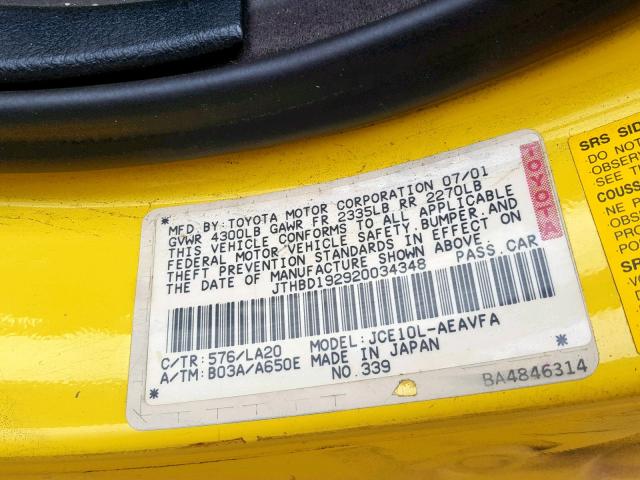 JTHBD192920034348 - 2002 LEXUS IS 300 YELLOW photo 10