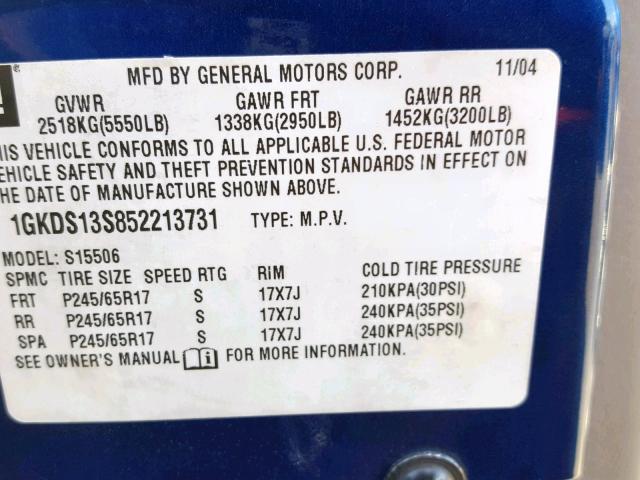 1GKDS13S852213731 - 2005 GMC ENVOY BLUE photo 10