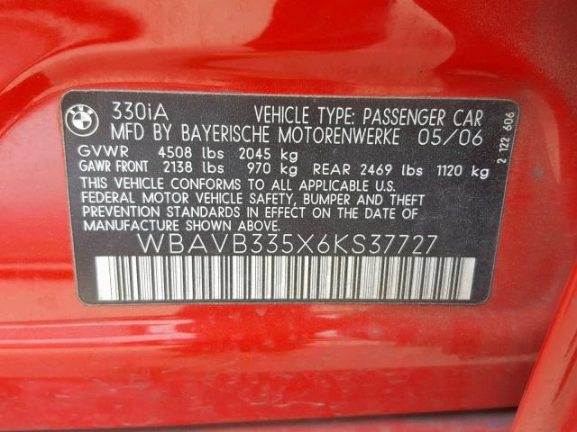 WBAVB335X6KS37727 - 2006 BMW 330 I RED photo 10