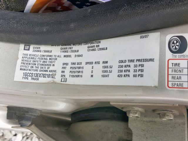 1GCCS13EX78210122 - 2007 CHEVROLET COLORADO SILVER photo 10