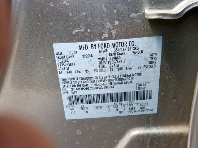 2FMDK46C88BA19003 - 2008 FORD EDGE SE TAN photo 10