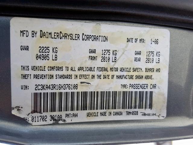 2C3KA43R16H376108 - 2006 CHRYSLER 300 GRAY photo 10