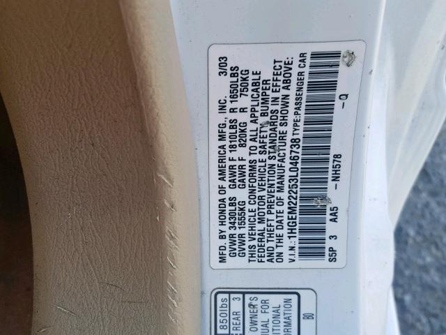 1HGEM22253L046738 - 2003 HONDA CIVIC DX WHITE photo 10