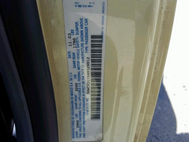 3VWCM31YX4M329912 - 2004 VOLKSWAGEN NEW BEETLE ყვითელი ფოტო 10