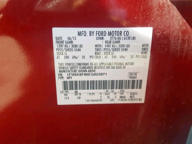 1FM5K8F89EGA03971 - 2014 FORD EXPLORER L RED photo 10