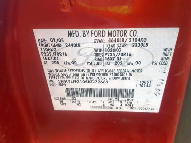 1FMYU93105KD72669 - 2005 FORD ESCAPE XLT MAROON photo 10