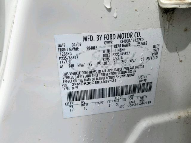 2FMDK36C89BA87121 - 2009 FORD EDGE SE WHITE photo 10