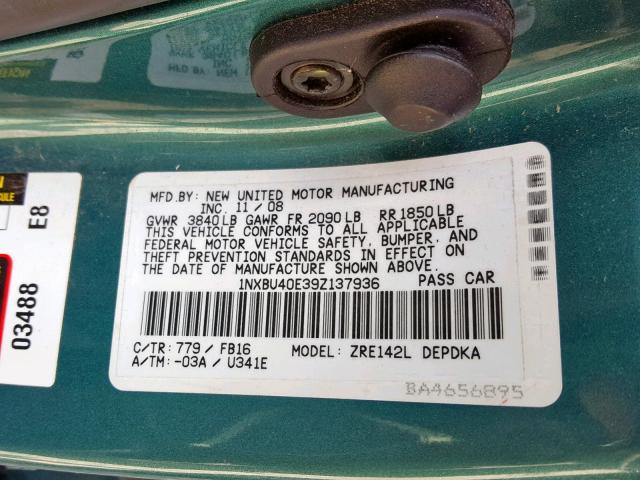 1NXBU40E39Z137936 - 2009 TOYOTA COROLLA BA GREEN photo 10