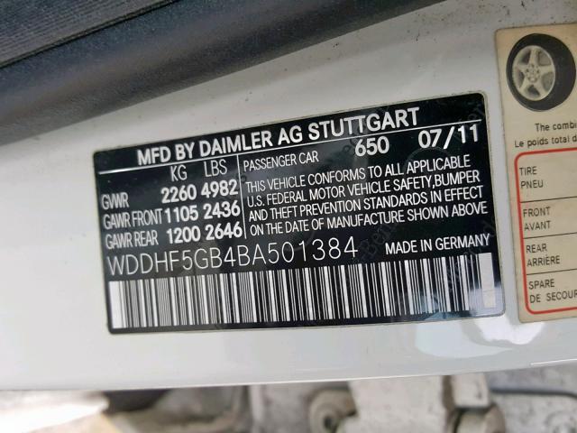 WDDHF5GB4BA501384 - 2011 MERCEDES-BENZ E 350 WHITE photo 10