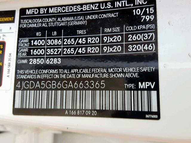 4JGDA5GB6GA663365 - 2016 MERCEDES-BENZ GLE 400 4M WHITE photo 10