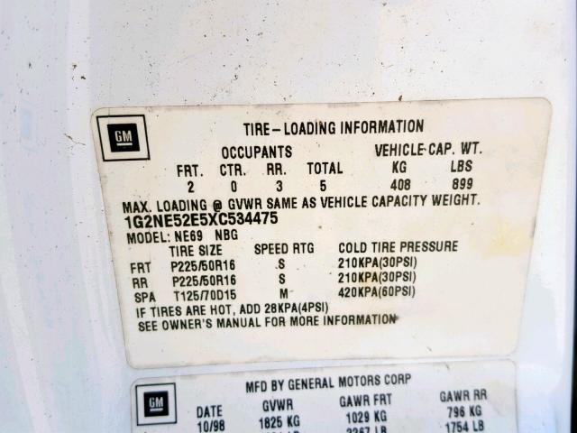 1G2NE52E5XC534475 - 1999 PONTIAC GRAND AM S WHITE photo 10