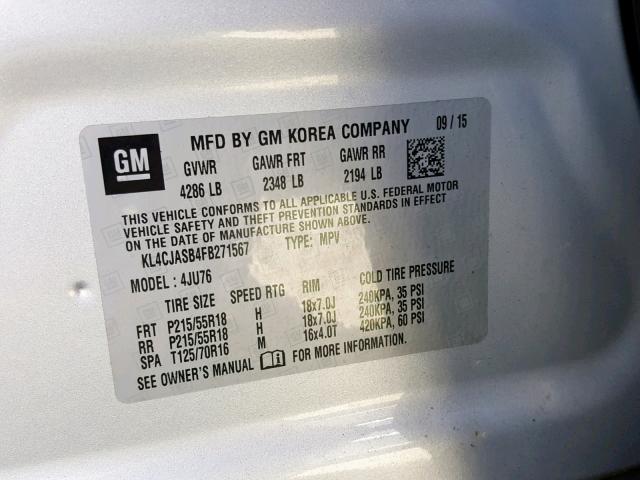 KL4CJASB4FB271567 - 2015 BUICK ENCORE SILVER photo 10