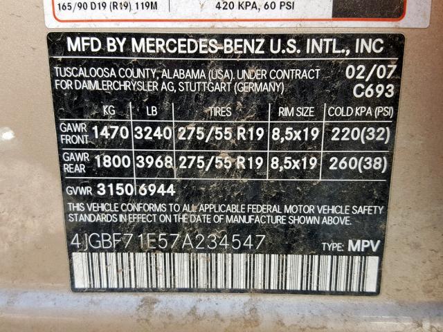 4JGBF71E57A234547 - 2007 MERCEDES-BENZ GL 450 4MA GOLD photo 10