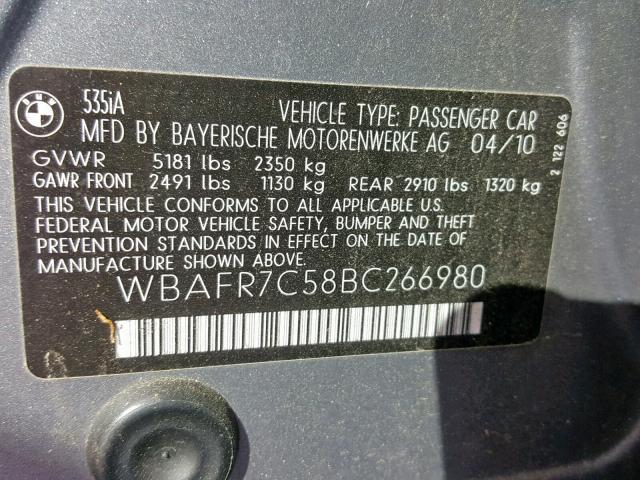 WBAFR7C58BC266980 - 2011 BMW 535 I GRAY photo 10