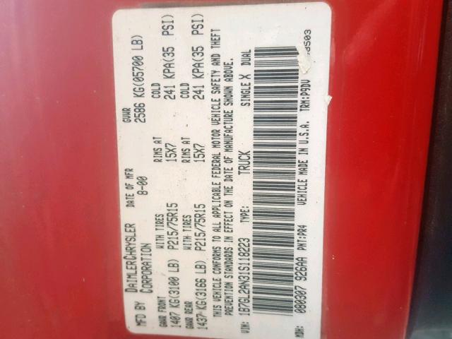 1B7GL2AN31S118223 - 2001 DODGE DAKOTA QUA RED photo 10