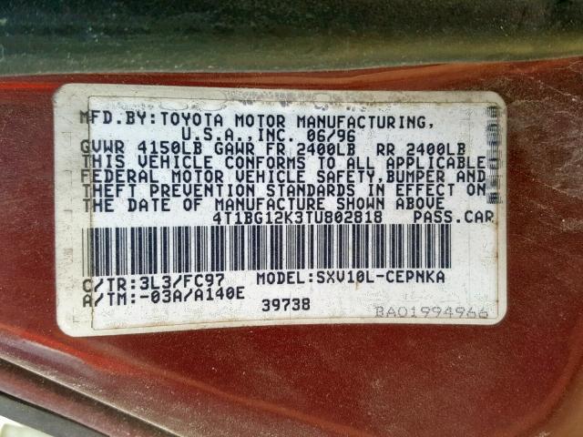 4T1BG12K3TU802818 - 1996 TOYOTA CAMRY DX BURGUNDY photo 10