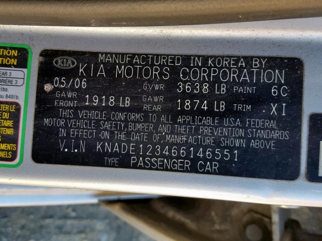 KNADE123466146551 - 2006 KIA RIO SILVER photo 10