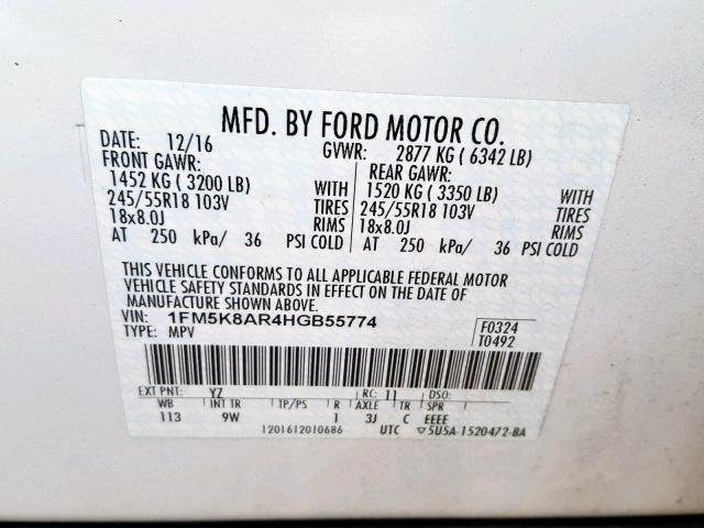 1FM5K8AR4HGB55774 - 2017 FORD EXPLORER P WHITE photo 10