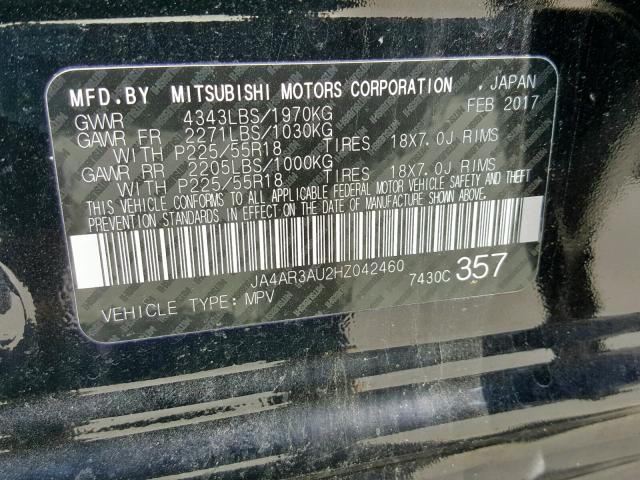 JA4AR3AU2HZ042460 - 2017 MITSUBISHI OUTLANDER BLACK photo 10