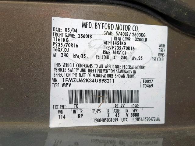 1FMZU62K34UB98211 - 2004 FORD EXPLORER X TAN photo 10