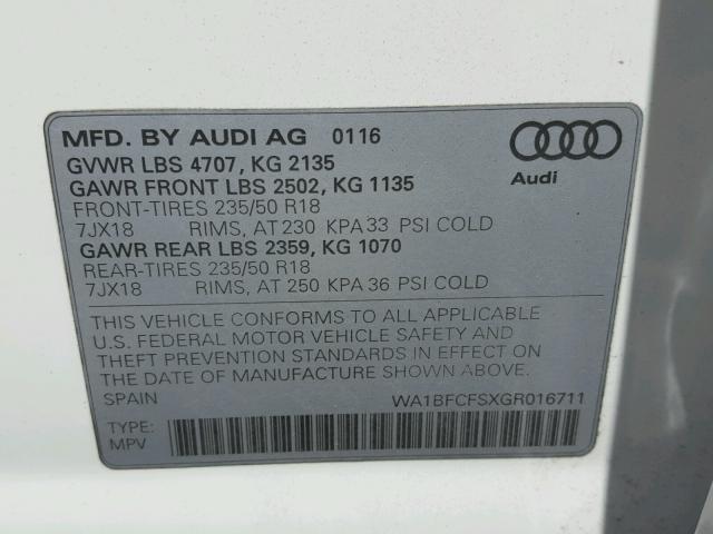 WA1BFCFSXGR016711 - 2016 AUDI Q3 PREMIUM WHITE photo 10