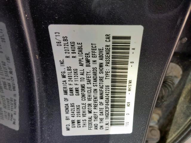 1HGCR3F84DA042206 - 2013 HONDA ACCORD EXL GRAY photo 10