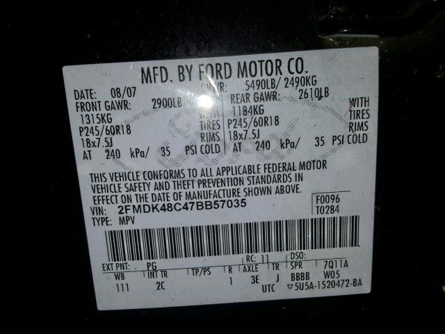 2FMDK48C47BB57035 - 2007 FORD EDGE SEL PURPLE photo 10