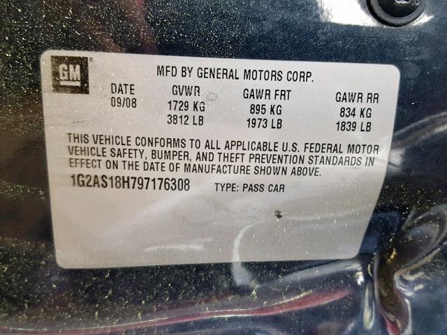 1G2AS18H797176308 - 2009 PONTIAC G5 BLUE photo 10