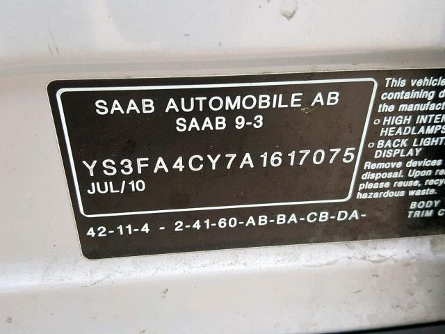 YS3FA4CY7A1617075 - 2010 SAAB 9-3 2.0T SILVER photo 10