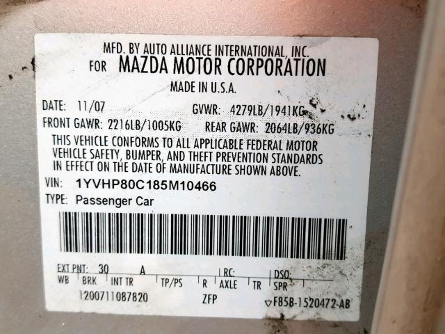 1YVHP80C185M10466 - 2008 MAZDA 6 I SILVER photo 10