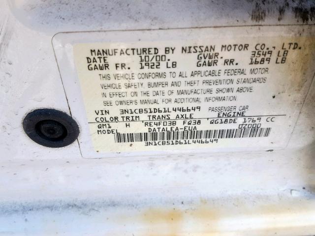 3N1CB51D61L446649 - 2001 NISSAN SENTRA XE WHITE photo 10