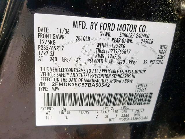 2FMDK36C57BA50542 - 2007 FORD EDGE SE BLACK photo 10