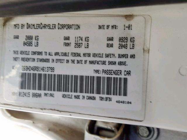 2B3HD46R91H613799 - 2001 DODGE INTREPID S Ağ foto 10